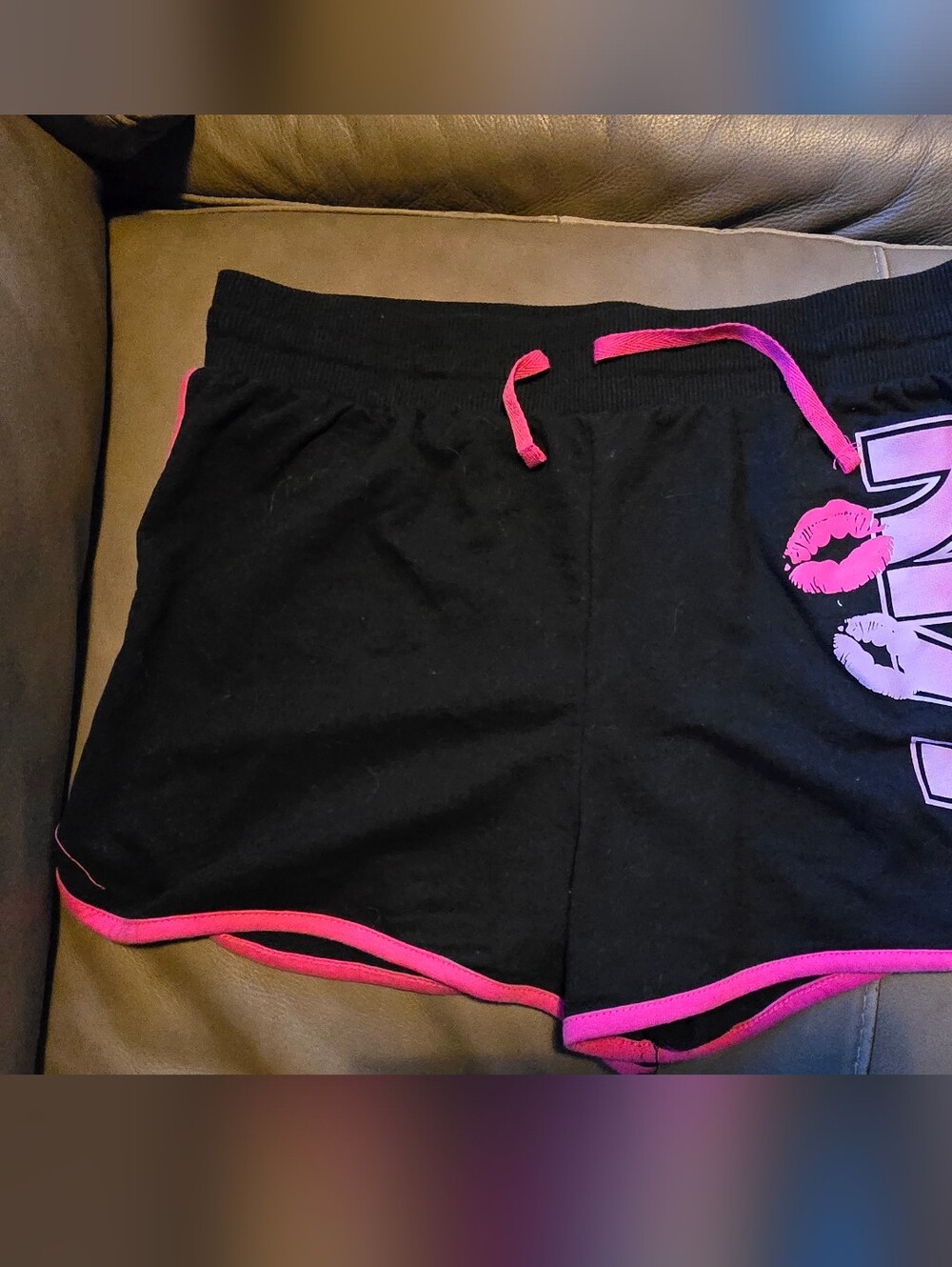 Kiss Black Athletic Shorts with Hot Pink Trim and Lip Motif
